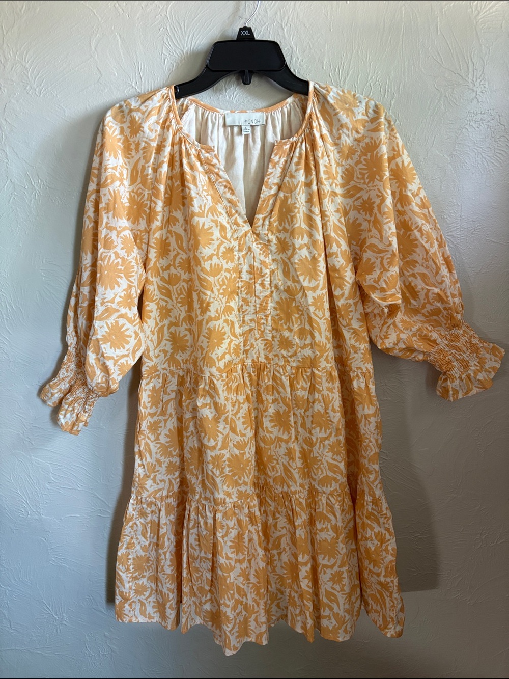Pinch white  and Yellow Floral Tiered Midi Dress with Smocked Sleeves